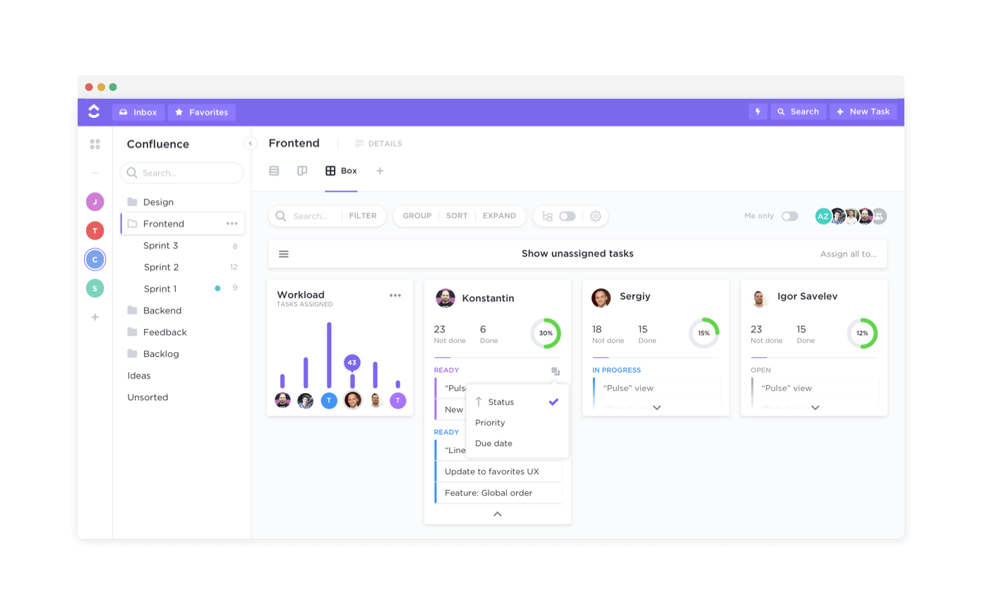 A proprietary, high-level overview of tasks grouped by person - see what everyone&rsquo;s working on.